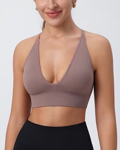 Soutien-gorge de sport sans couture à col en V profond, bretelles spaghetti réglables, dos croisé, bande élastique côtelée, débardeur de course, yoga et fitness - Product Image 1