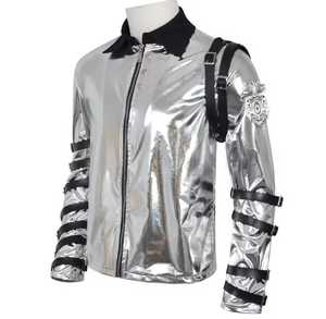 Men's Silver Leather Slim <b>Jacket</b> <b>Punk</b> Style Stand Collar Waterproof Zipper Closure Regular Sleeve Autumn Wear - Product Image 2