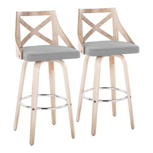 Sgabello da bar Charlotte da 30 pollici a altezza fissa con base girevole, in legno bianco anticato e tessuto grigio chiaro, finitura in metallo cromato, stile rustico - Product Image 1