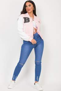 Blouson bomber varsity rose personnalisé pour femme, coupe courte, avec slogan, en laine, style baseball et Letterman - Product Image 2