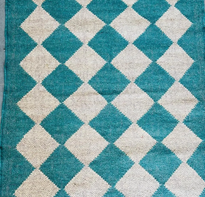 Tapis de couloir en laine et jute bleu sarcelle, motif géométrique à carreaux, style bohème Kilim, avec franges, Dhurrie, long, pour entrée, décoration de sol - Product Image 1
