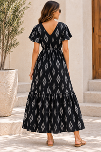Women's Black Geometric Print V-Neck Midi <b>Dress</b> <b>With</b> Flutter <b>Sleeves</b> Drawstring Waist Boho Style Loose Fit <b>Summer</b> Casual <b>Dress</b> - Product Image 3