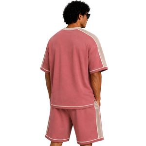 Conjunto de Camiseta y Pantalones Cortos Oversize para Hombre, Color Rosa Empolvado, Paneles en Contraste Beige, Logotipo Personalizado, Cuello Redondo, Ropa Casual Urbana, Venta al Por Mayor - Product Image 2