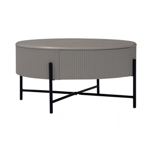 Modern Fluted Round Coffee Table <b>Grey</b> Marble Melamine Top Light <b>Grey</b> Wooden Body Matt Black Metal Leg <b>Frame</b> for Living Room - Product Image 1
