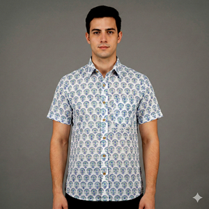 เสื้อเชิ้ตแขนสั้นลายดอกไม้ผ้าฝ้ายสำหรับผู้ชาย คอปกแบบพับได้ สไตล์ฤดูร้อน ระบายอากาศได้ดี ผ้าป๊อปลินทอ - Product Image 1