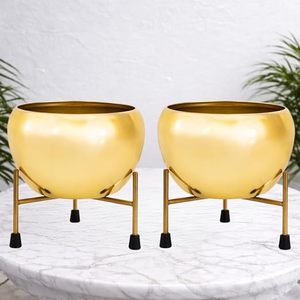 Pot de fleurs en métal doré avec support, décoratif moderne pour plantes d'intérieur et d'extérieur, pour la maison, le bureau, le salon, le jardin, lot de 2 - Product Image 5