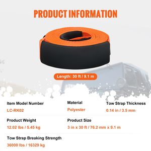 Sangle de remorquage robuste 3 po x 30 pi (MBS-36 000 lb) avec protection d'arbre, sangle de treuil à boucle triple renforcée et gaine de protection - Product Image 5