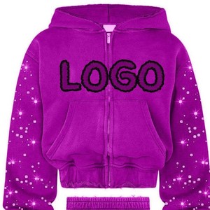 Girls <b>Purple</b> <b>Glitter</b> Tracksuit Set Hooded Zipper Jacket Pants Casual Loose Fit Full Sleeve Dot Pattern Autumn Wear Mens Rhines. - Product Image 3