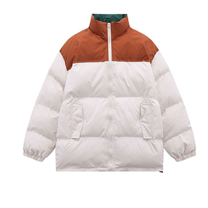 Unisex Color Blocking Puffer <b>Jacket</b> Stand Collar Zipper Closure Windproof Polyester Shell Winter Casual Loose Fit - Product Image 2