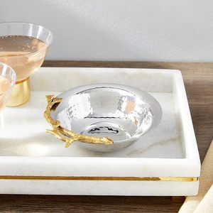 Cuenco Decorativo de Lujo Plateado Martillado con Asas de Rama Dorada, Cuenco de Aluminio para Servir, Centro de Mesa, Frutero, Decoración del Hogar - Product Image 4