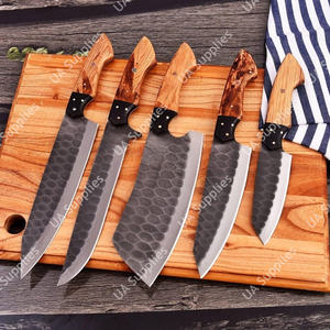 Couteau de Chef en Acier Inoxydable à Lame Martelée Style Antique Vintage Lames Tranchantes comme des Rasoirs Manches en Bois de Grenade Sac en Cuir BBQ - Product Image 4