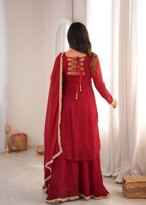 SGF-*72Pryosha Enterprise <b>Women</b> Crimson Red Georgette Short <b>Kurta</b> Designer Cross-Lace Back Sharara Suit - Product Image 2