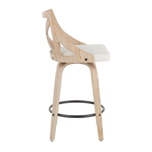 Sgabello da bancone Charlotte da 26 pollici a altezza fissa, in legno bianco sbiancato e tessuto crema, con funzione girevole, set di 2 sedie da pranzo in stile rustico - Product Image 3