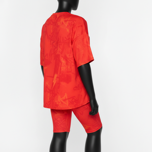 ชุดเสื้อยืดและกางเกงขาสั้นผู้หญิง ผ้าโพลีเอสเตอร์ผสมสแปนเด็กซ์ สีแดงส้ม สำหรับเล่นกีฬา สกรีนโลโก้ตามสั่ง เสื้อยืดผ้าฝ้าย 100% ชุดเสื้อยืดและกางเกงขาสั้น - Product Image 5