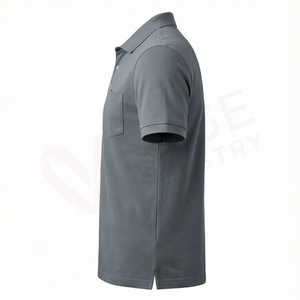 Polo à manches courtes gris pour homme en tissu Oxford de coton, couleur unie décontractée avec poche, coupe classique, respirant, design tissé - Product Image 3