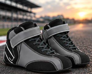 Bottes de moto montantes à fermeture auto-agrippante, tige en cuir véritable, semelle extérieure en caoutchouc, semelle intermédiaire en EVA, antidérapantes, bout fermé, style sportif pour karting - Product Image 1