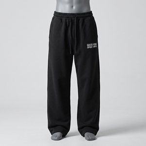 Pantalones de chándal oversize para hombre, negros, de pierna ancha, con bajo abierto, de forro polar, cintura elástica con cordón, bolsillos laterales, logo en la pierna, estilo baggy para jogging - Product Image 1