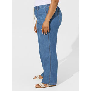 High <b>Waist</b> Womens Drawstring Denim <b>Jeans</b> <b>Elastic</b> Wide Leg Loose Blue Pants Casual Summer Style - Product Image 3