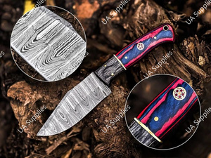 มีดล่าสัตว์ดามัสกัสทำมือขายส่ง ด้ามจับไม้ปักก้า ใบมีดแบบฟูลแทง ดรอปพอยท์ มีดเอาตัวรอด พร้อมปลอก มีด OEM - Product Image 2