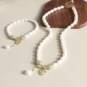 Ensemble collier et bracelet en perles d'eau douce naturelles, style chinois vintage, avec pompon en jade de Hotan, marque Fu, nouveauté tendance - Product Image 1