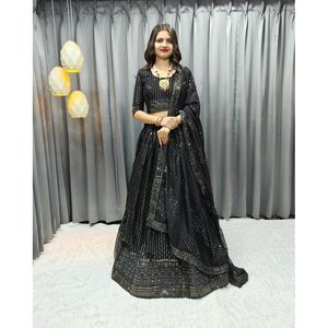 TRENDING GEORGETTE BORDADO MUKESH TRABAJO LEHENGA CHOILI CON DUPATTA NEGRO - Product Image 1