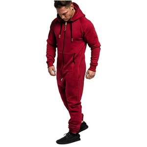 Survêtement d'hiver pour homme en molleton 100% coton écologique, rouge uni, à capuche, mi-épais, manches longues, coupe droite, décontracté, avec poches latérales - Product Image 1