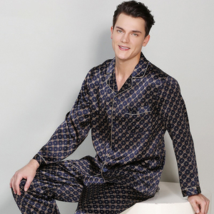 Prix de gros, ensembles de pyjamas pour hommes en satin de soie imprimé luxueux à deux pièces, manches longues, 100% soie, doux et respirant - Product Image 1