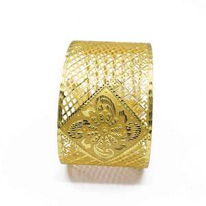 Wholesale Women's Wide 14K 18K <b>24K</b> Dye <b>Gold</b> Plated Brass Cuff Kada Bangle Intricate Flower Filigree Cutwork Design Dangling - Product Image 3