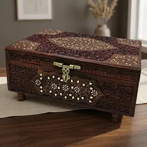 Handcrafted Wooden Jewelry Box with Carved Floral Design and Brass Lock Storage Organizer From Uttarakhand for Home Decor - Product Image 1