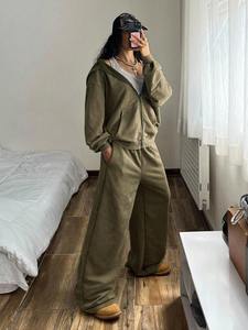 Custom Women's <b>Zip</b> Up Hoodie and Wide Leg Pants Tracksuit Premium Fleece Lounge Set OEM ODM Private Label Apparel - Product Image 5