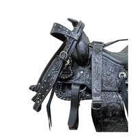 Selle de cheval Western en cuir noir, sculptée à la main avec motifs floraux, assise confortable et souple, 10"-18", arceau en plastique, quincaillerie en acier inoxydable