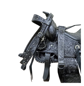 Selle de cheval Western en cuir noir, sculptée à la main avec motifs floraux, siège confortable et souple, arbre en plastique de 10 à 18 pouces avec kit de harnais LLT - Product Image 3