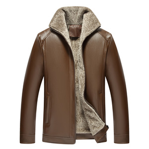 Veste en cuir marron pour homme, manches longues, coupe-vent, doublure polaire chaude pour l'hiver - Product Image 1