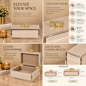 Boîte de rangement pour bijoux en verre beige cachemire avec accent en pierre naturelle, bordure dorée, finition brillante, doublure douce, boîte à souvenirs décorative - Product Image 6