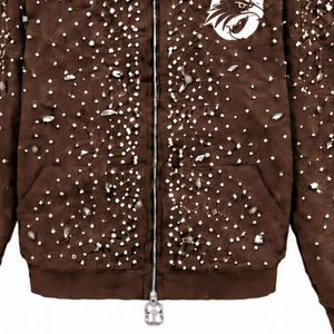 Chocolate Brown Pearl Full <b>Zip</b> <b>Hoodie</b> Crystal Studded Streetwear Jacket Long Sleeve Hooded Sweatshirt With Front <b>Pockets</b> - Product Image 5