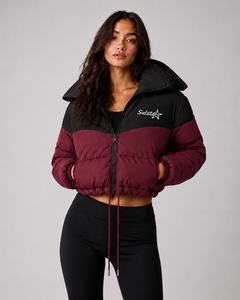 Women’s Maroon Black <b>Cropped</b> <b>Puffer</b> <b>Jacket</b> Custom Logo Hooded Winter Quilted Bomber <b>Jacket</b> OEM/ODM Wholesale Manufacturer - Product Image 1