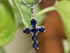 Collier pendentif croix minimaliste en saphir bleu, argent sterling 925, collier délicat en saphir, pendentif en pierre précieuse pour femme - Product Image 2