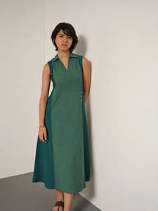 Robe midi sans manches à blocs de couleur vert, col polo, coupe ample, en coton tissé et fibre de bambou, pour l'été, décontractée, à porter au quotidien - Product Image 5
