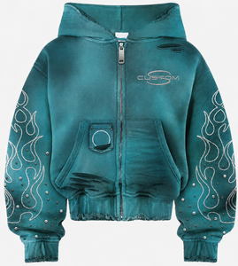Sweat à capuche zippé unisexe en molleton épais, coupe oversize, délavé à l'acide et effet soleil, avec impression sérigraphiée personnalisée et strass, pour l'hiver et le streetwear - Product Image 1