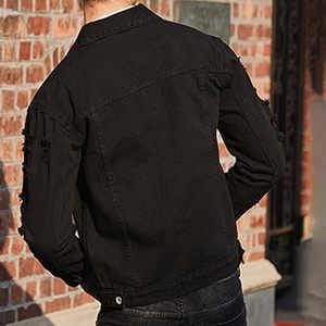 Chaqueta de Mezclilla Negra para Hombre, Estilo Casual, Cierre de Botones, Color Sólido, Desgastada, Corte Regular, Otoño Invierno, Lavable, 100% Algodón - Product Image 5
