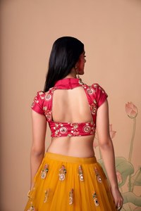 Pink Flock Printed Embroidered Lehenga Choli <b>Net</b> Tulle <b>Skirt</b> Short Sleeve Regular Loose Fit Quick Dry Festival Wedding Indian - Product Image 2