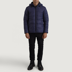 Navy Blue <b>Men</b> Puffer <b>Jacket</b> <b>Long</b> Custom Reflective Branding Strap Adjustable Cuffs Heat Sealed Quilting Midnight - Product Image 1
