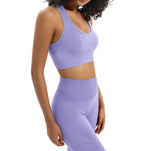 Women's Seamless High Waist Yoga Set Solid Purple Racerback Sports Bra Full Length Leggings 2 Piece - Product Image 6