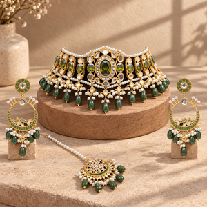 Fabricant de parures de mariée en gros plaquées or avec perles vert olive, comprenant collier ras-du-cou, boucles d'oreilles et tikka - Product Image 1