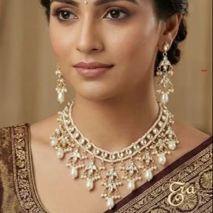 Trendy Women's Brass Gold Plated Pearl Zircon Bridal Necklace Set Matching Earrings Engagement Wedding Anniversary - Product Image 1