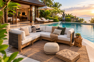L Shape Corner Sofa Set <b>White</b> <b>Cushion</b> with Woven Rope Side for Poolside - Product Image 2