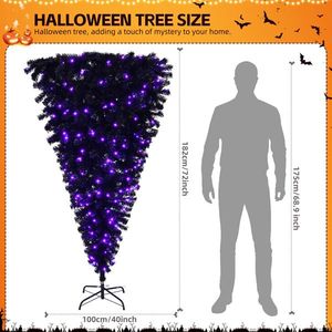 6 FT Pre-Lit Upside Down Purple Lights Artificial Christmas Tree with Pumpkin Skull Ornaments Black Halloween Tree - Product Image 4