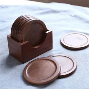 ชุดจานรองแก้วไม้วอลนัทพร้อมที่วาง – จานรองแก้วทรงกลมสไตล์เรียบง่าย - Product Image 2