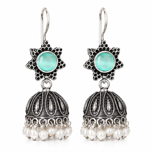 Bulk Price Black Blue Stone Jhumki <b>Earrings</b> Oxidized <b>Silver</b> Indian <b>Dangle</b> <b>Earring</b> Boho Ethnic Jewelry Pearl Jhumka Gift 4 Women - Product Image 6