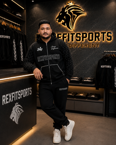 REXFITSPORTS 2026 Sweat-shirt à capuche zippé personnalisé noir avec strass, unisexe, en coton et polyester, style streetwear, avec impression - Product Image 3